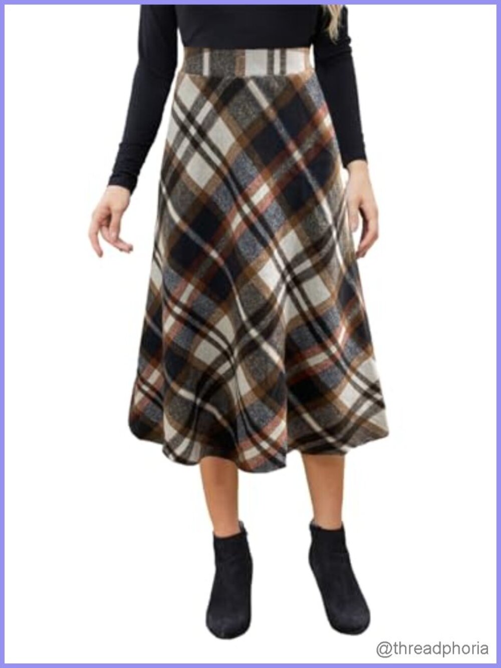 Midi Plaid Skirt High Elastic Waist A-line Vintage Flow long with Pockets